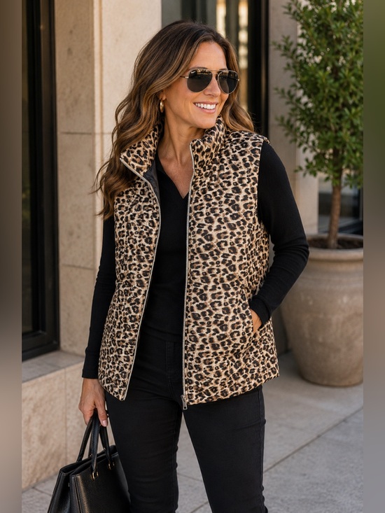 entro Jackets & Blazers - Entro Leopard Print Puffer Vest Quilted Zip Front Lightweight XL